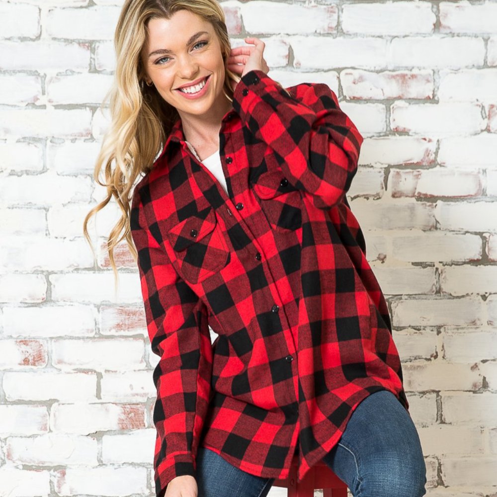 PLUS RED/BLACK FUZZY PLAID BUTTONDOWN SHIRT JACKET SHACKET